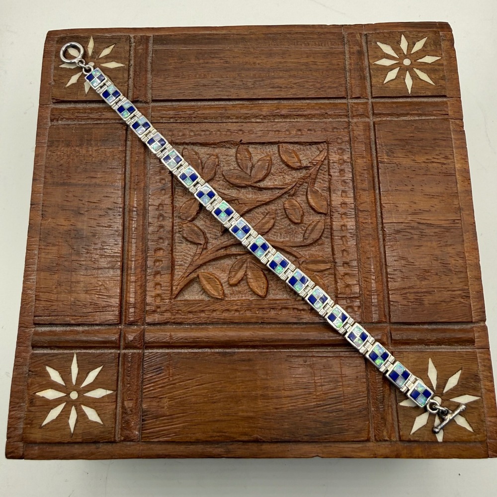 Sterling Silver Blue Opal and Lapis Checker Square Link Bracelet Geometric 925 - Picture 1 of 8